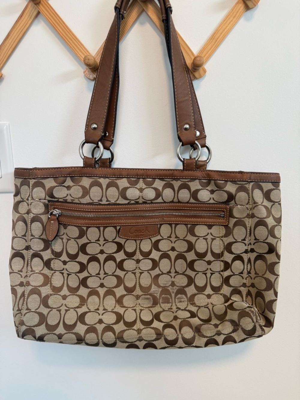 Coach Brown Signature Canvas Tote with Leather Trim